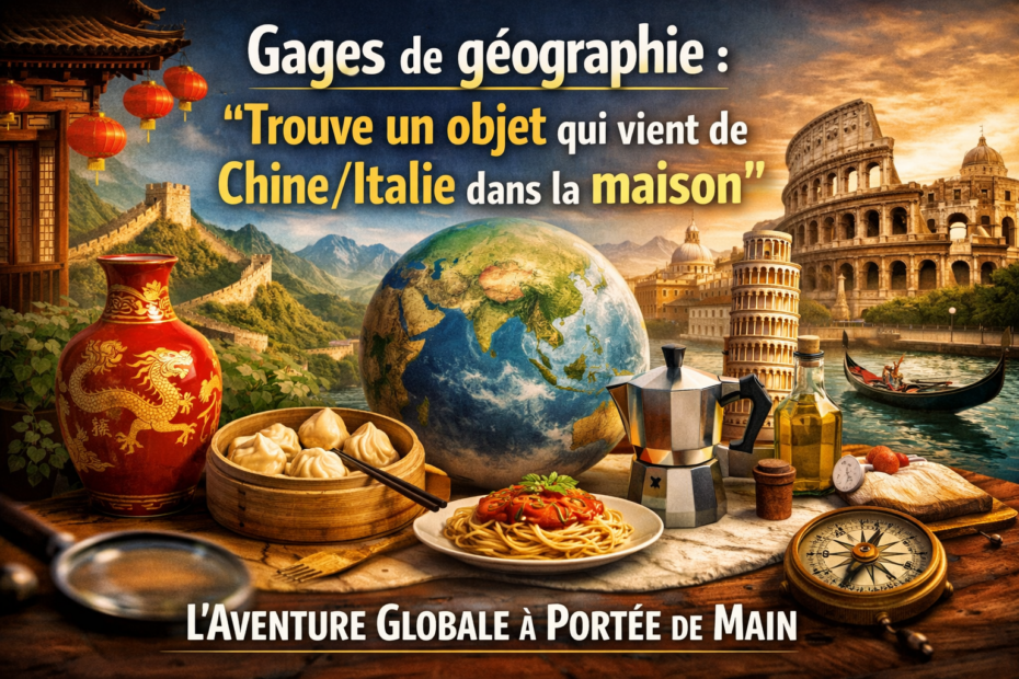 Gages de géographie : "Trouve un objet qui vient de Chine/Italie dans la maison"