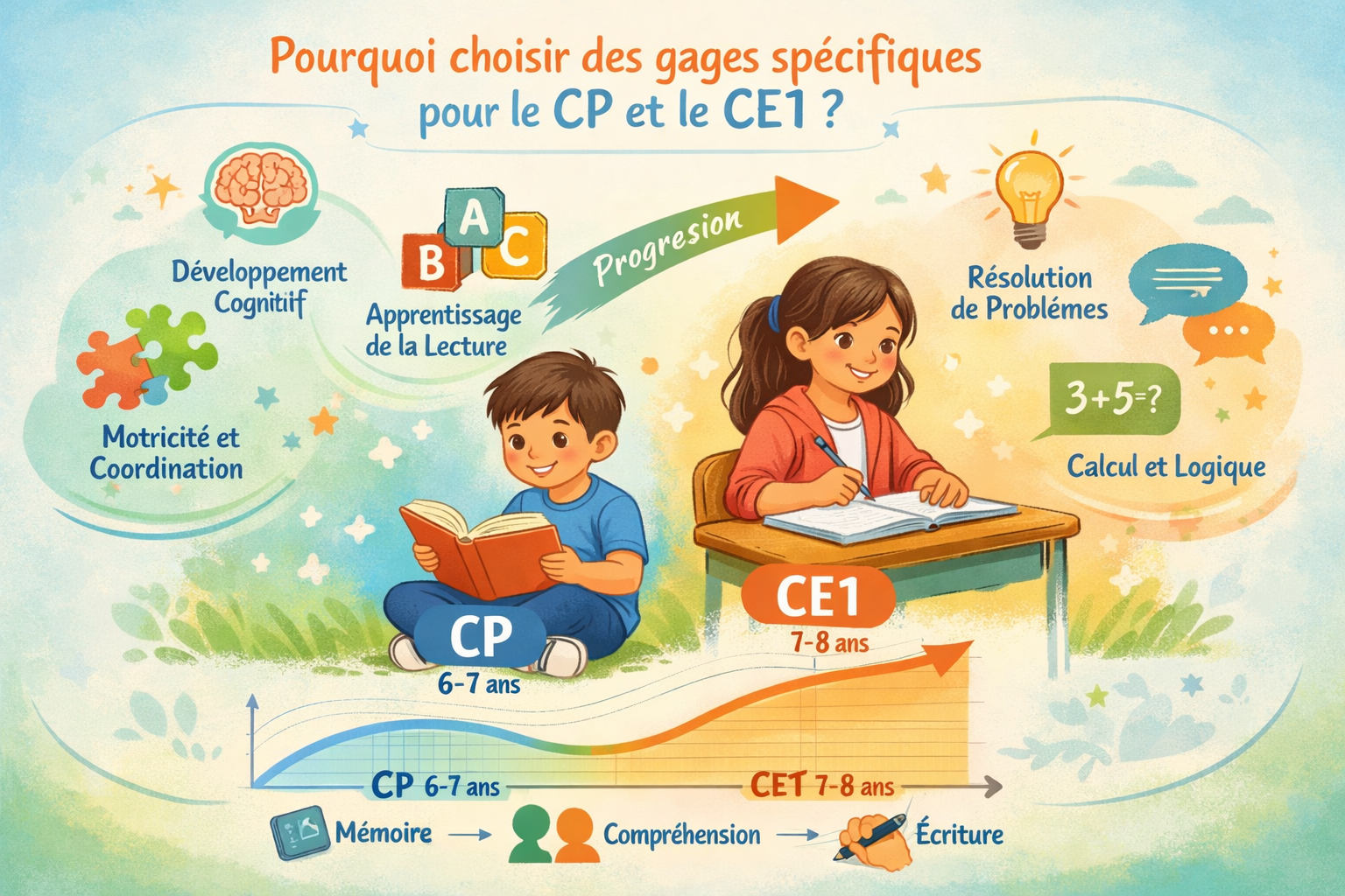 Illustration for 'Pourquoi choisir des gages spécifiques pour le CP et le CE1?' showing a colorful developmental psychology infographic. Cen