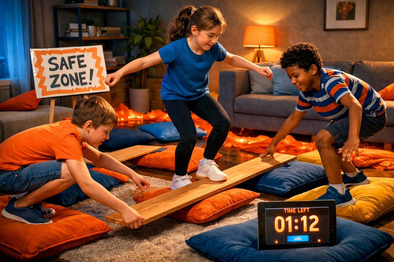 Detailed landscape format (1536x1024) image showing a creative indoor 'Floor is Lava' challenge for 8-9 year olds. Children are strategicall