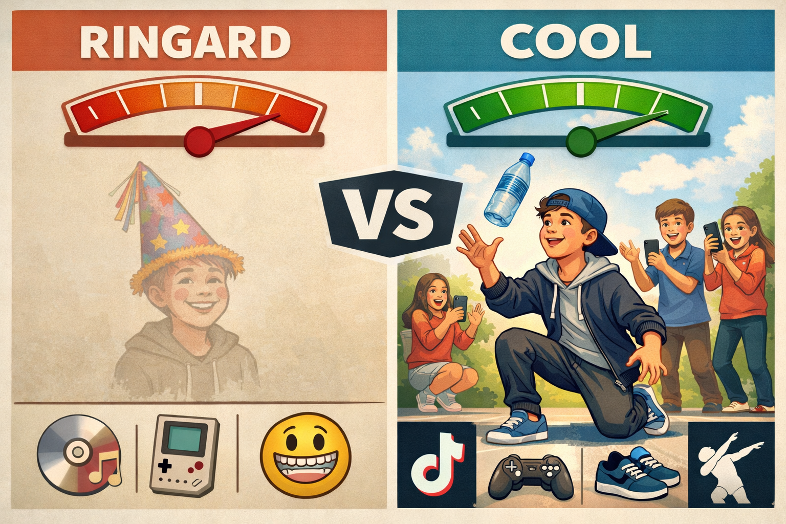 Detailed landscape format (1536x1024) illustration showing a comparison between 'Ringard' vs 'Cool' gages for pre-teens. On the left, a fade