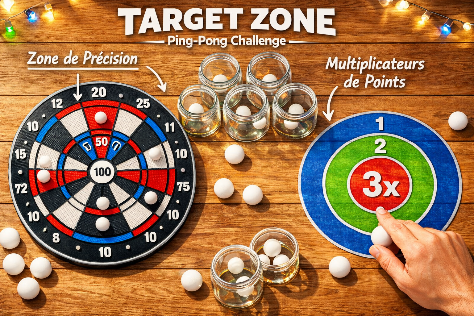 Detailed landscape (1536x1024) visualization of a 'Target Zone' for ping-pong challenges. A top-down view showing various targets: open glas
