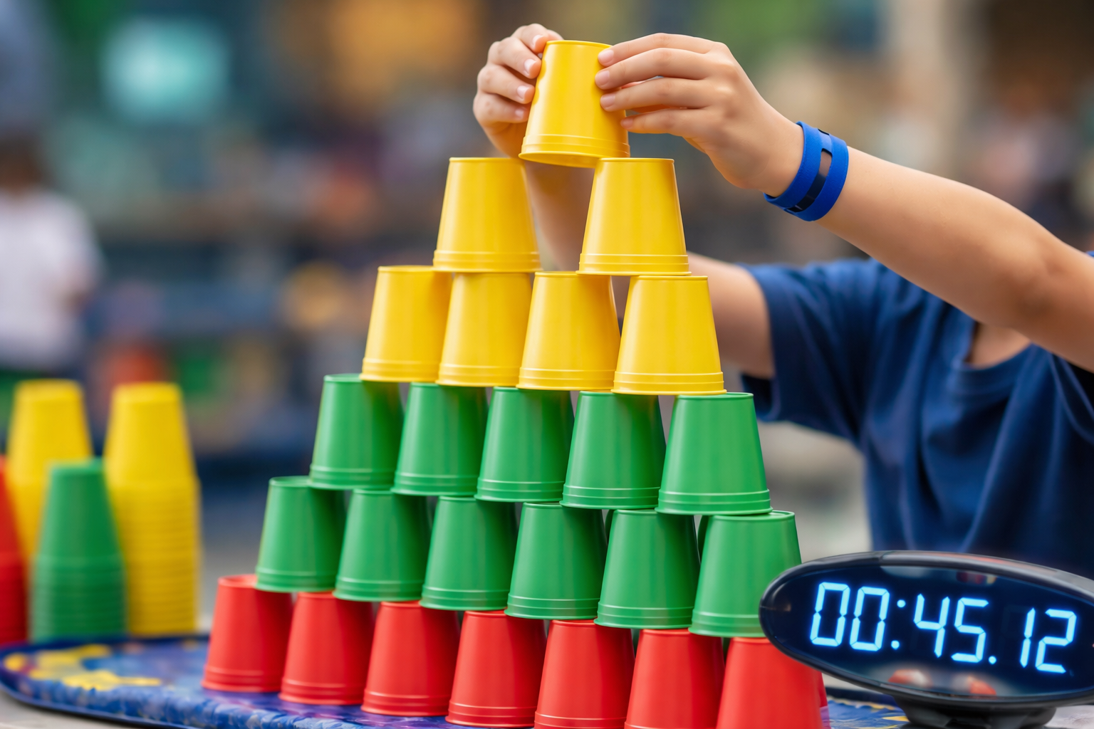 Detailed landscape format (1536x1024) showing a close-up of a child's hands carefully placing the final cup on a 10-tier plastic cup pyramid