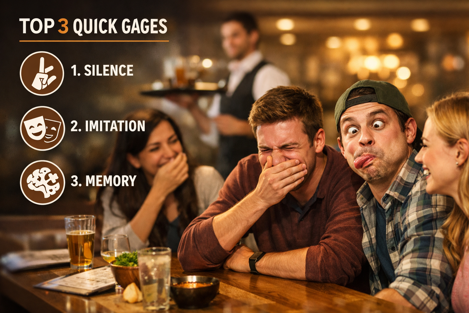 Detailed landscape format (1536x1024) illustration showing a group of friends at a restaurant table engaged in a funny 'silent challenge' ga