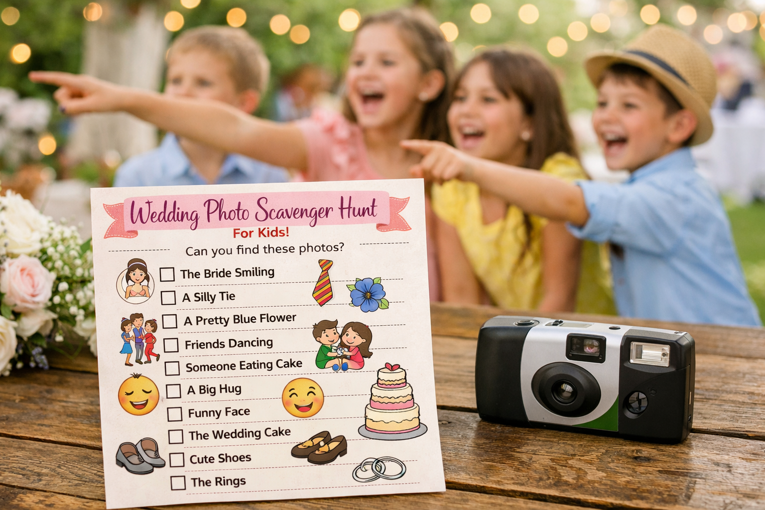 Detailed landscape format (1536x1024) image showing a 'Wedding Photo Scavenger Hunt' checklist for kids. A rustic wooden table features a pr