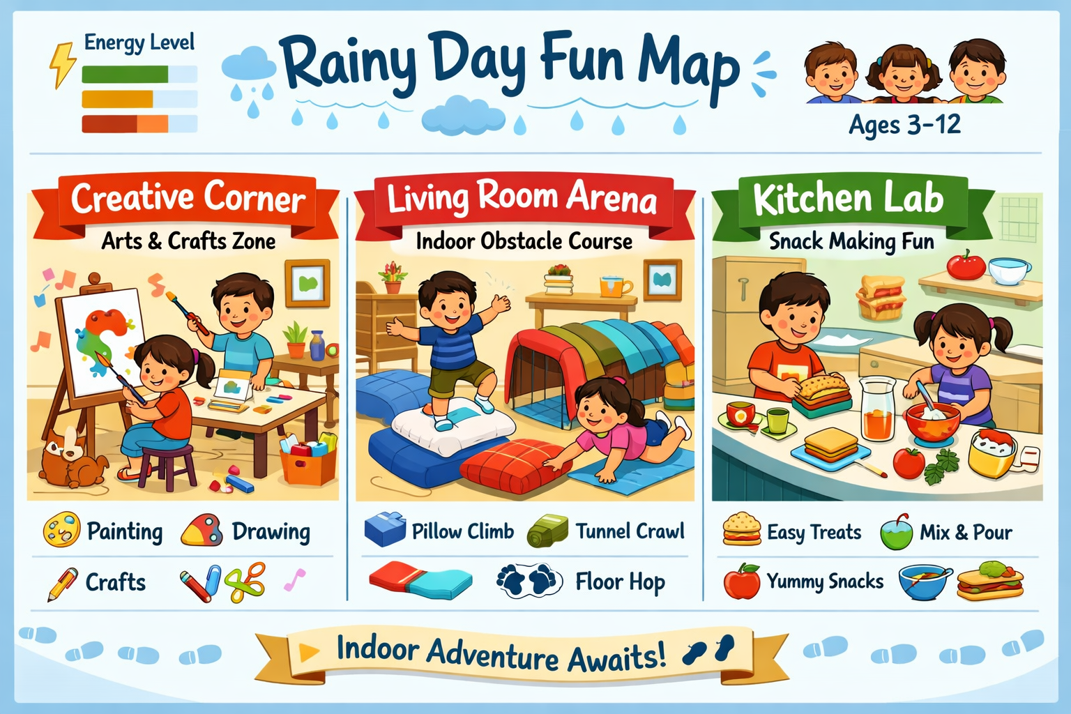 Detailed landscape format (1536x1024) illustration of a 'Rainy Day Fun Map' showing different zones of a house: a 'Creative Corner' with kid