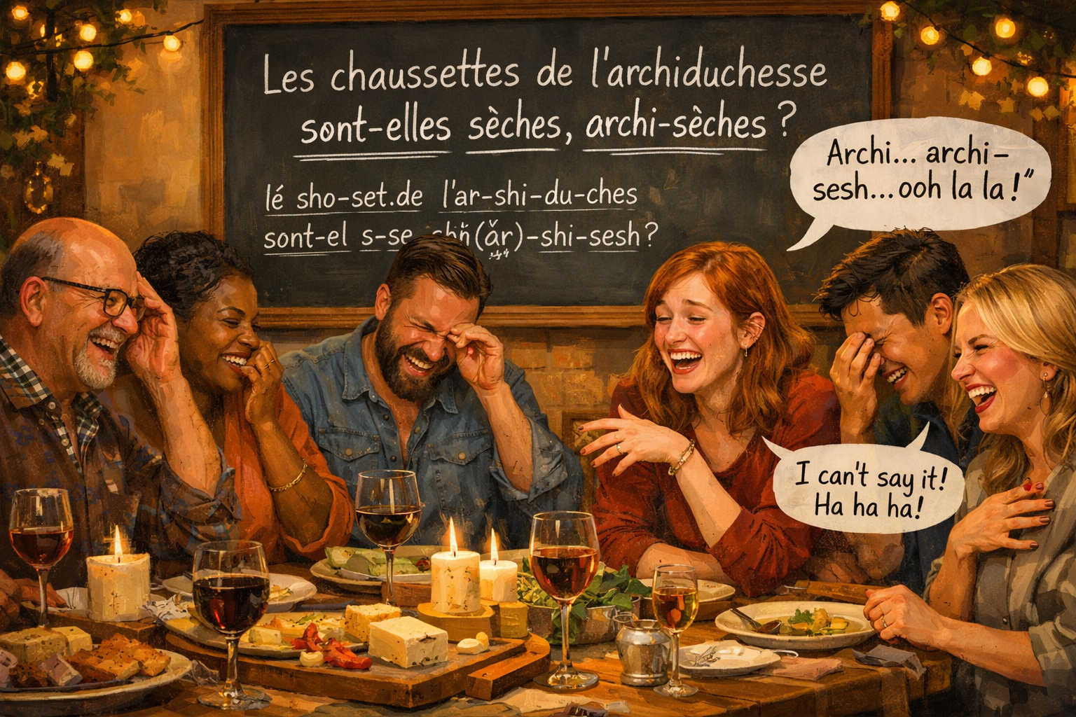 Detailed landscape (1536x1024) illustration of a diverse group of people at a festive dinner party, laughing and struggling to pronounce com