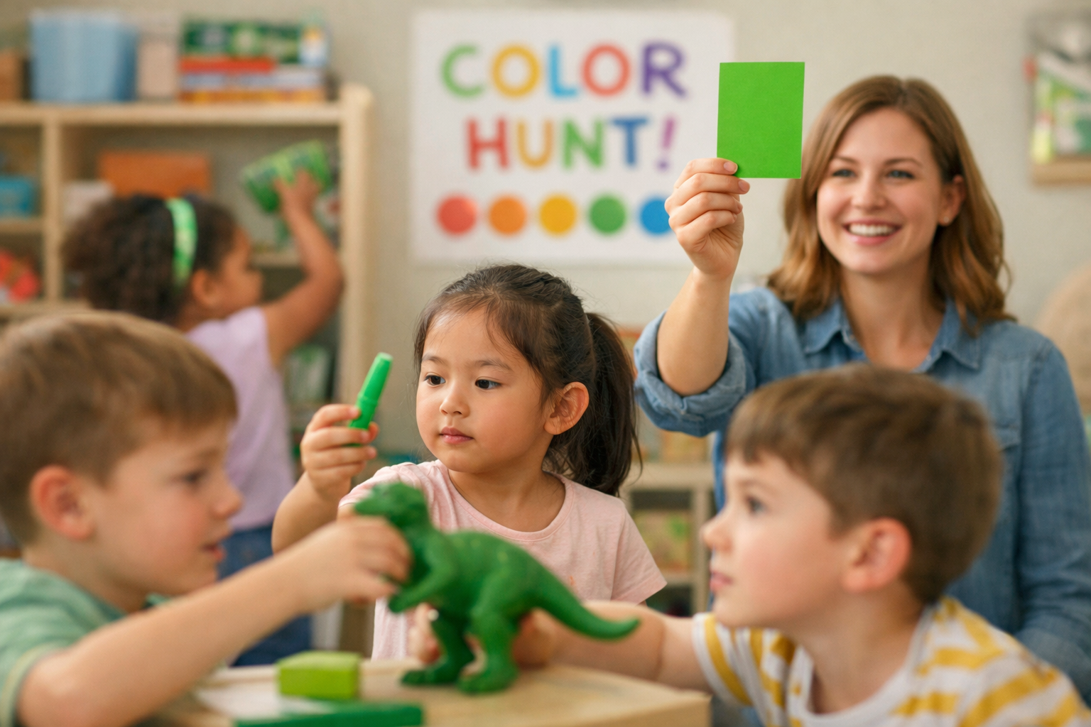 Detailed landscape format (1536x1024) illustration of a 'Color Hunt' setup in a classroom or playroom. A teacher or host holds up a bright g