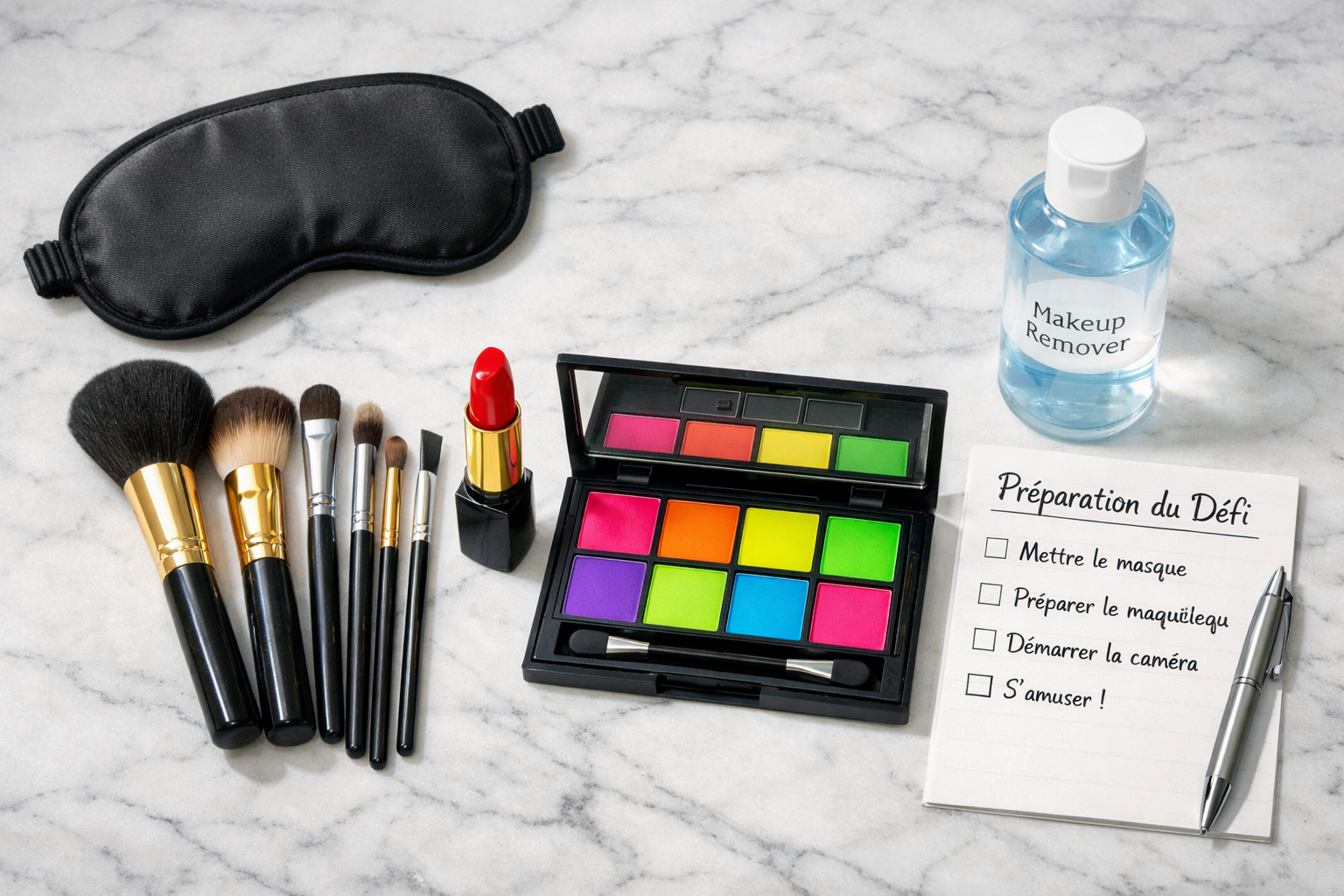 Detailed landscape format (1536x1024) illustration for the setup section: A flat lay of a 'Blind Makeup Kit' on a white marble table. Includ