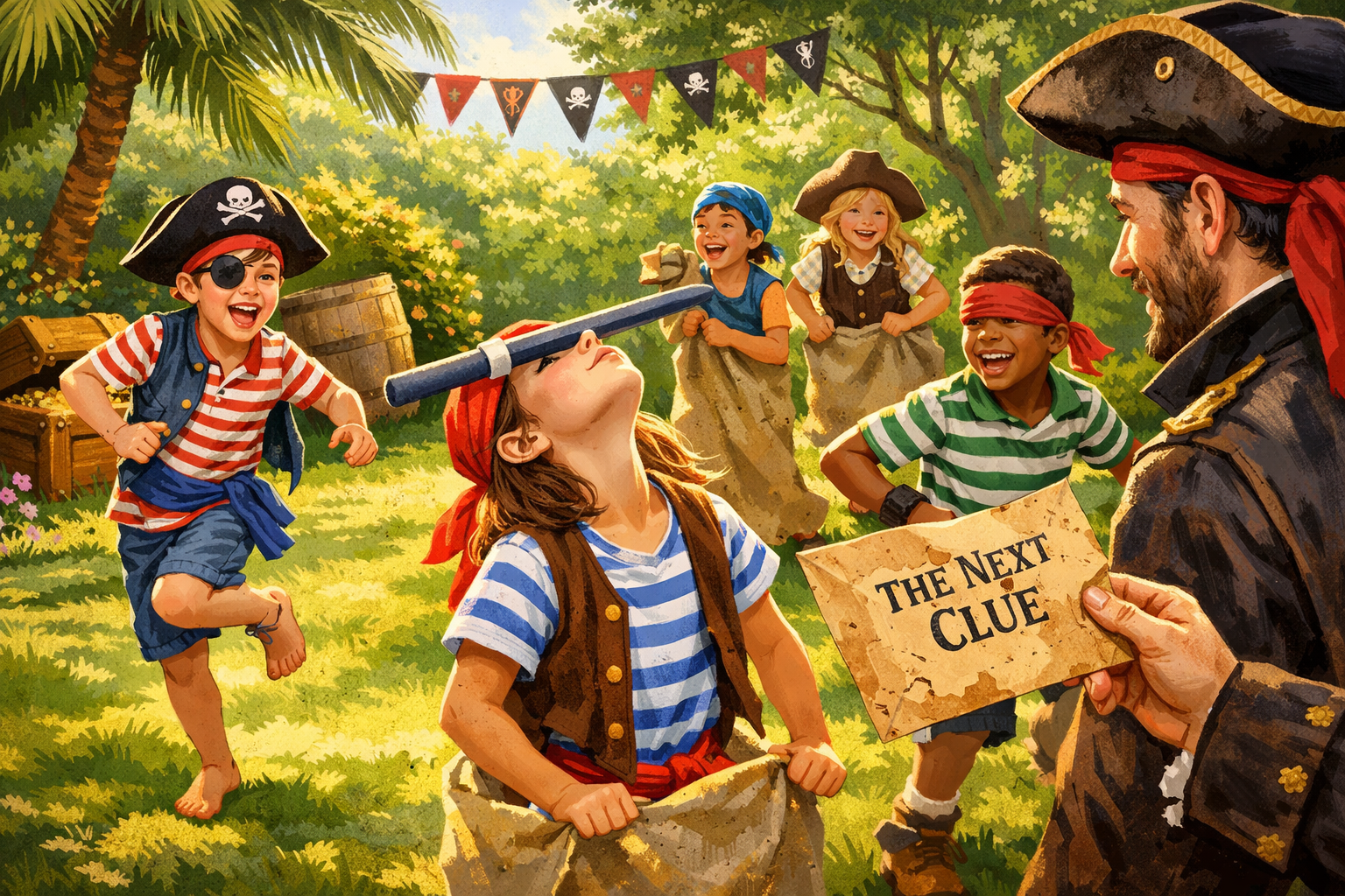 Detailed landscape format (1536x1024) illustration showing a group of enthusiastic children in pirate costumes performing funny 'gages' or c