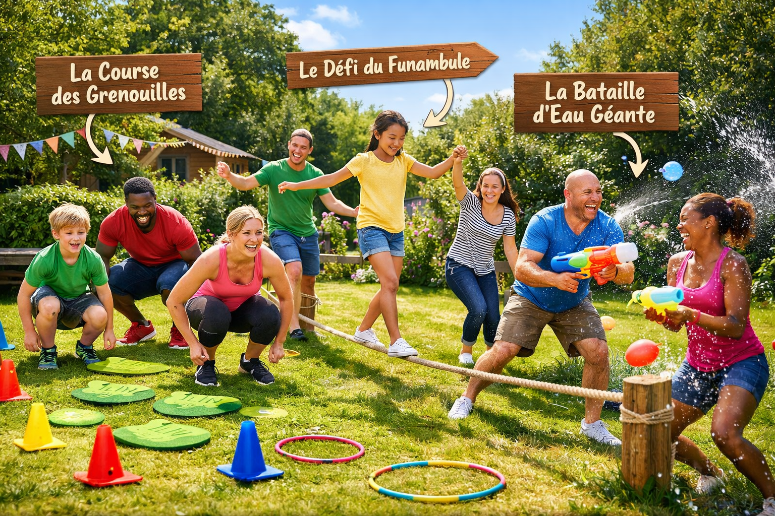 A vibrant, dynamic landscape image (1536x1024) illustrating various creative and fun sports challenges in a lush garden setting. The image s