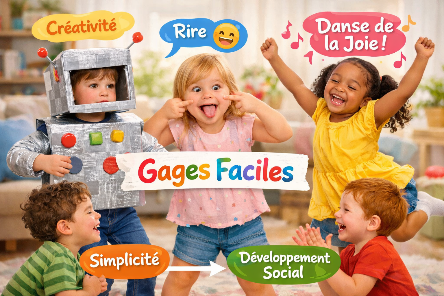 Landscape format (1536x1024) image illustrating a diverse group of children (4-6 ans) happily engaged in various simple 'gages faciles'. One