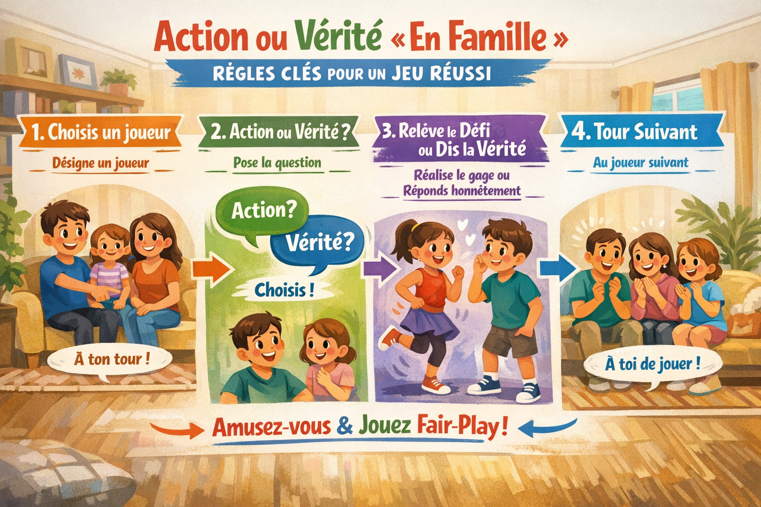 Landscape format (1536x1024) image featuring an infographic illustrating the 'rules of engagement' for 'Action ou Vérité « En Famille »'. It