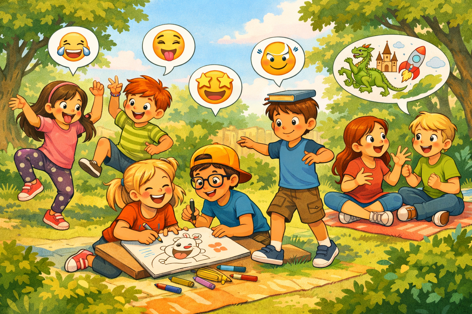 A detailed landscape format (1536x1024) illustration depicting a group of 9-11 year old children happily engaged in different types of gages