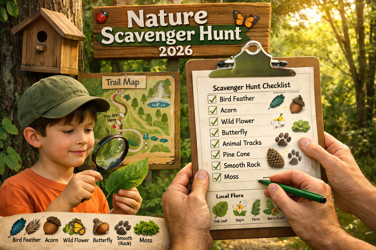 A high-quality infographic-style image illustrating a 'Nature Scavenger Hunt' for families in 2026. A 9-year-old child holds a magnifying gl