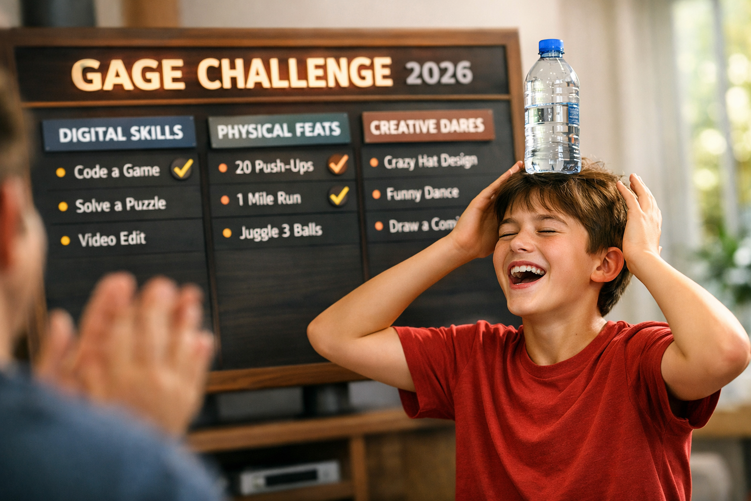 Detailed landscape format (1536x1024) visual showing a 'Gage Challenge' board for 2026. A sleek, modern wooden board or digital screen displ