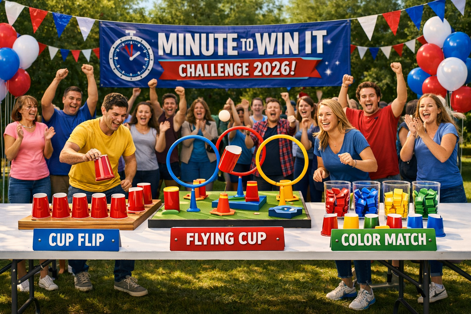 Detailed landscape format (1536x1024) illustrating a 'Minute to Win It' style challenge. A long table features three different cup games: a