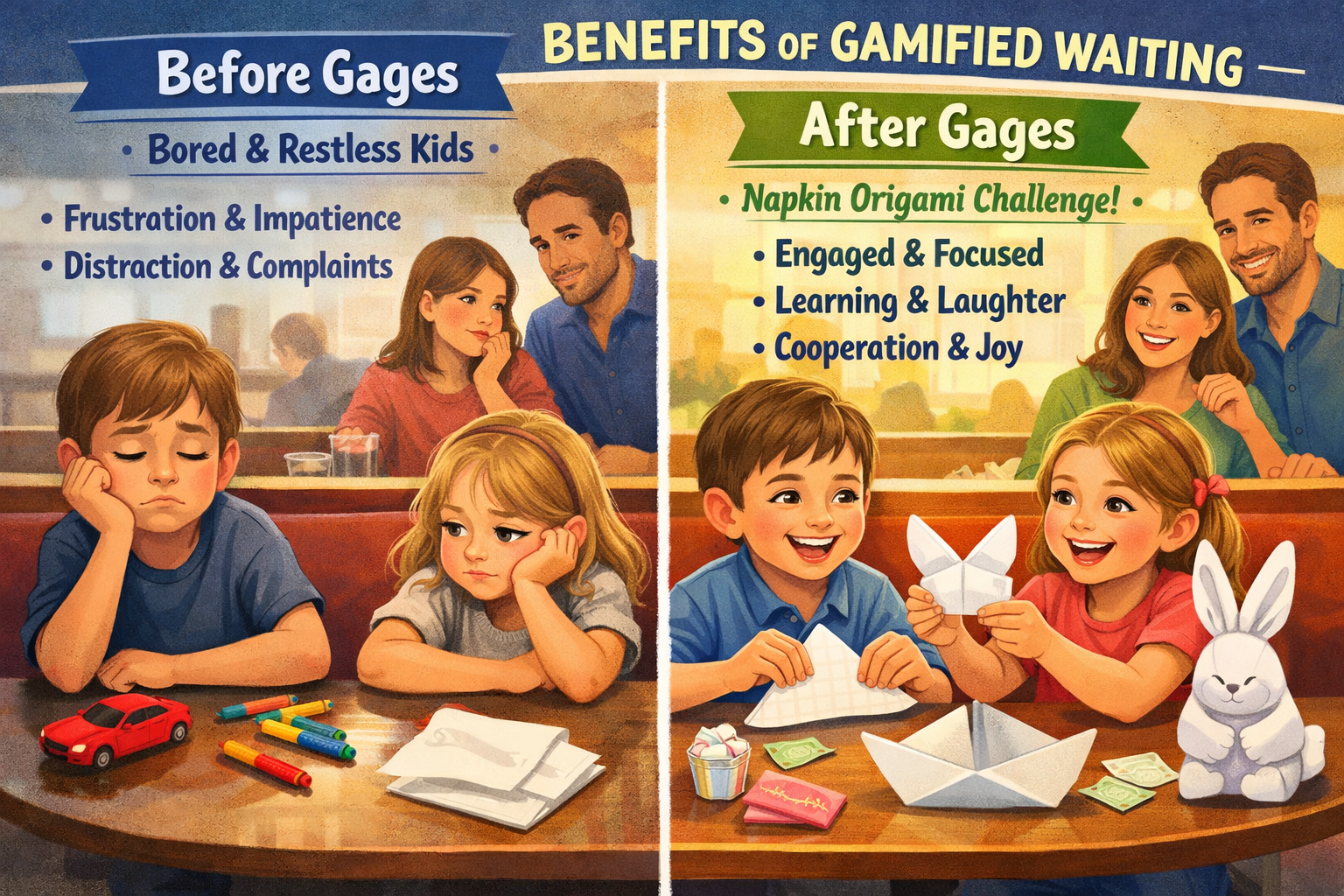 Detailed landscape format (1536x1024) visual guide for parents with children at a restaurant. A split-screen composition showing 'Before Gag