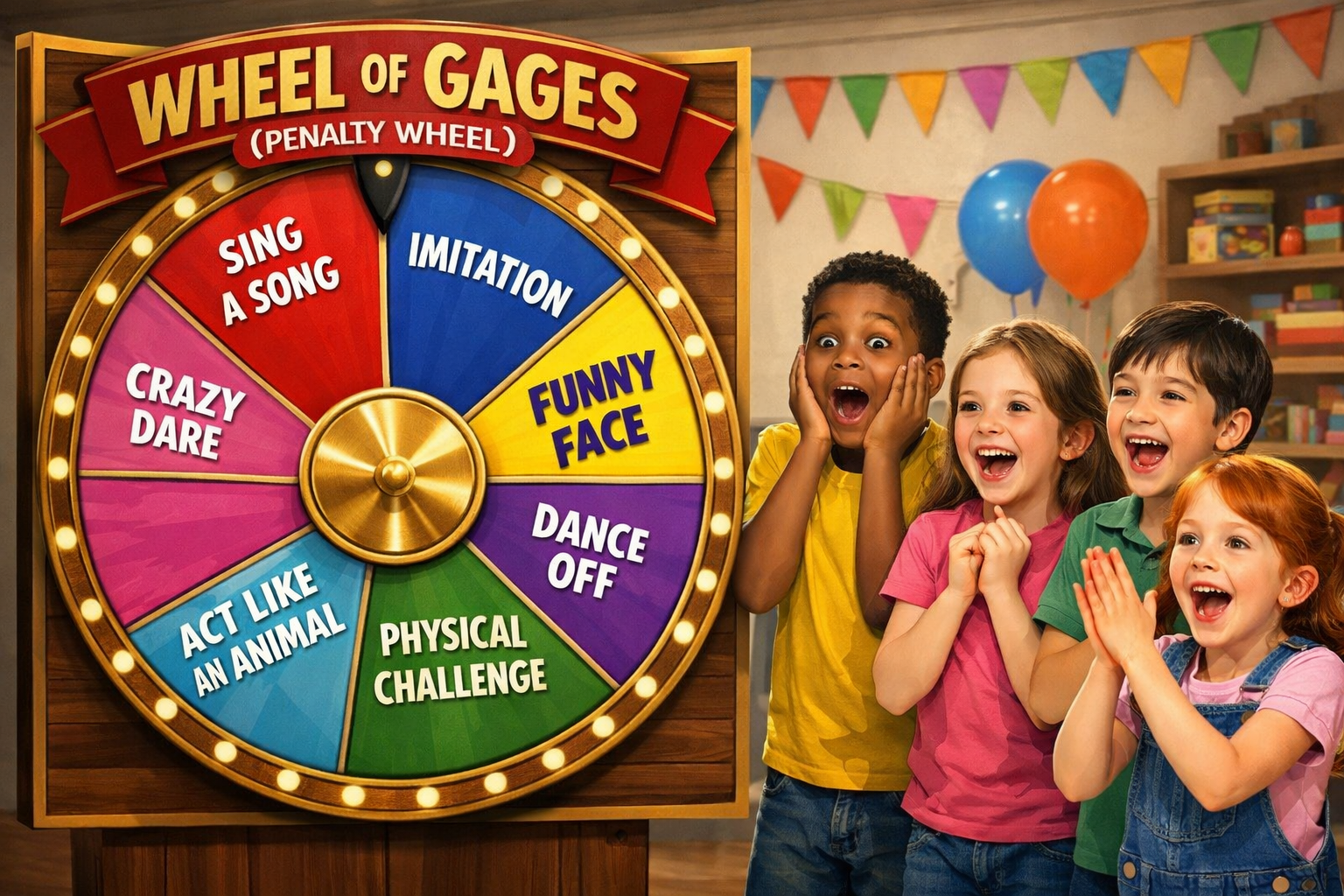 Detailed landscape format (1536x1024) visual guide showing a 'Wheel of Gages' (Penalty Wheel). The wheel is divided into colorful segments l