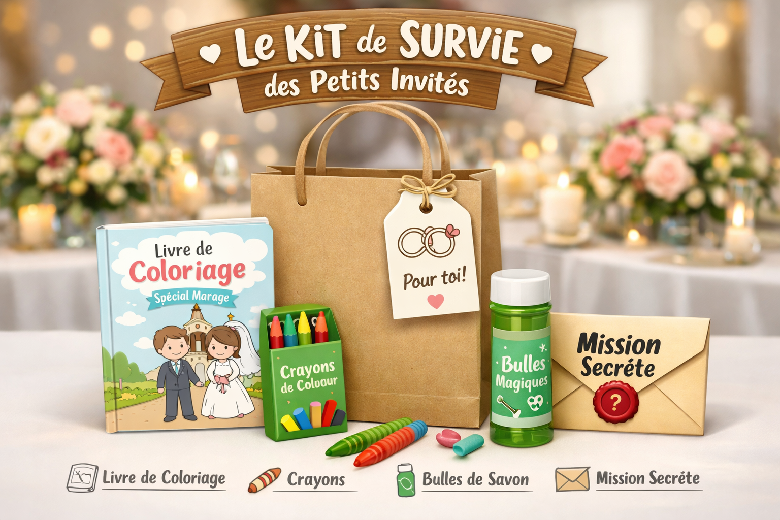 A high-quality 3D infographic illustration titled 'Le Kit de Survie des Petits Invités'. It displays a beautifully arranged wedding favor ba