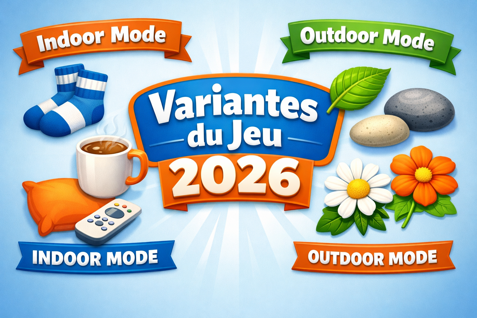 A high-quality infographic-style image showing a comparison of different game variations. On the left, 'Indoor Mode' with icons of household