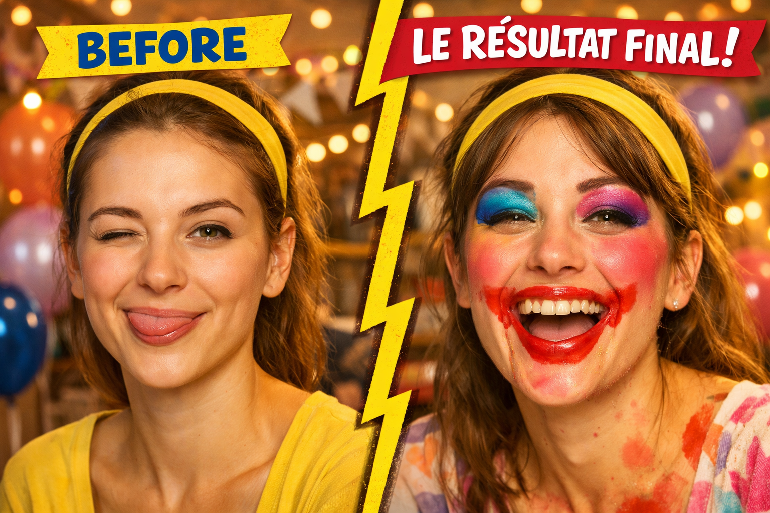 Detailed landscape format (1536x1024) prompt showing a 'Before and After' comparison in a fun, split-screen style. On the left, a person wit