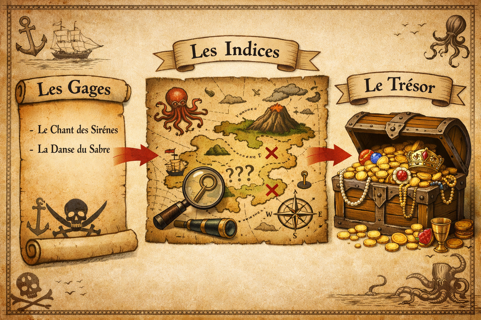 Detailed landscape format (1536x1024) infographic-style conceptual image illustrating the structure of a pirate treasure hunt. On the left,
