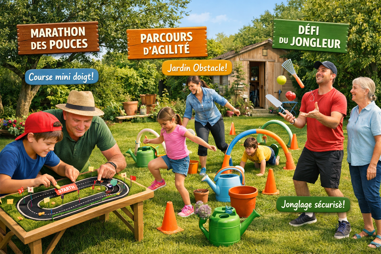 A detailed landscape image (1536x1024) showcasing several imaginative and accessible sporting challenges suitable for all ages in a backyard