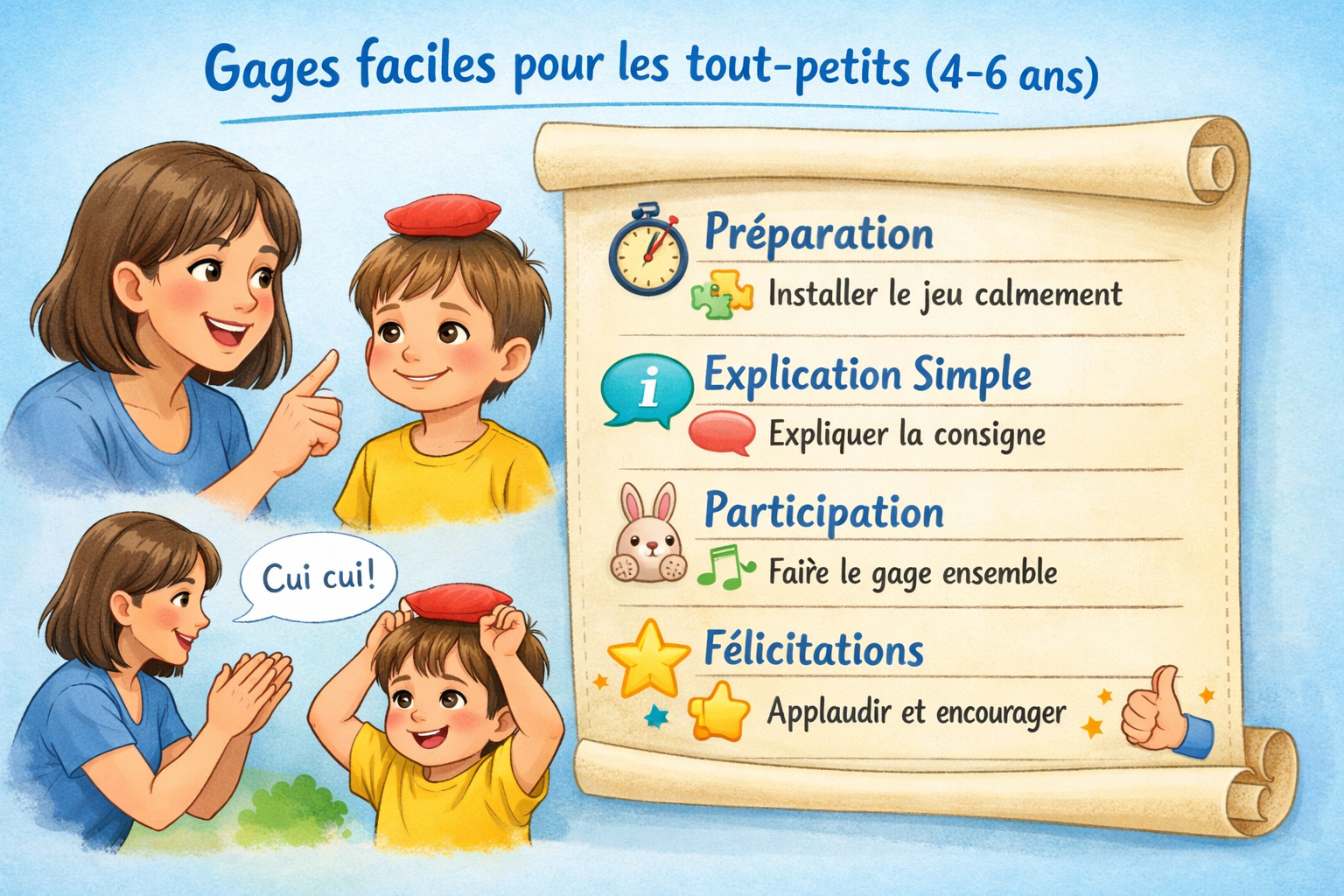 Landscape format (1536x1024) image featuring a clear, step-by-step visual guide on how to prepare and implement 'gages faciles pour les tout