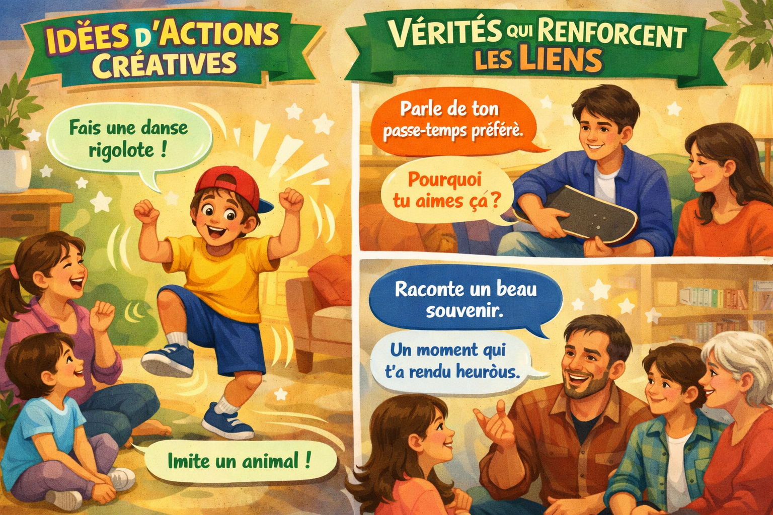 Landscape format (1536x1024) image depicting various scenarios of 'Actions' and 'Vérités' suitable for different age groups within a family